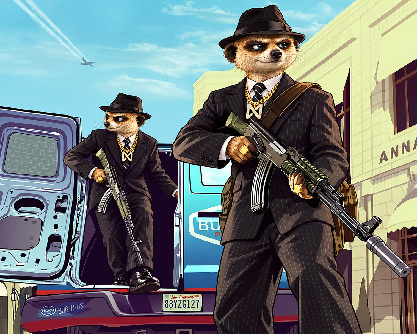Two NEARKAT mobsters beside a van