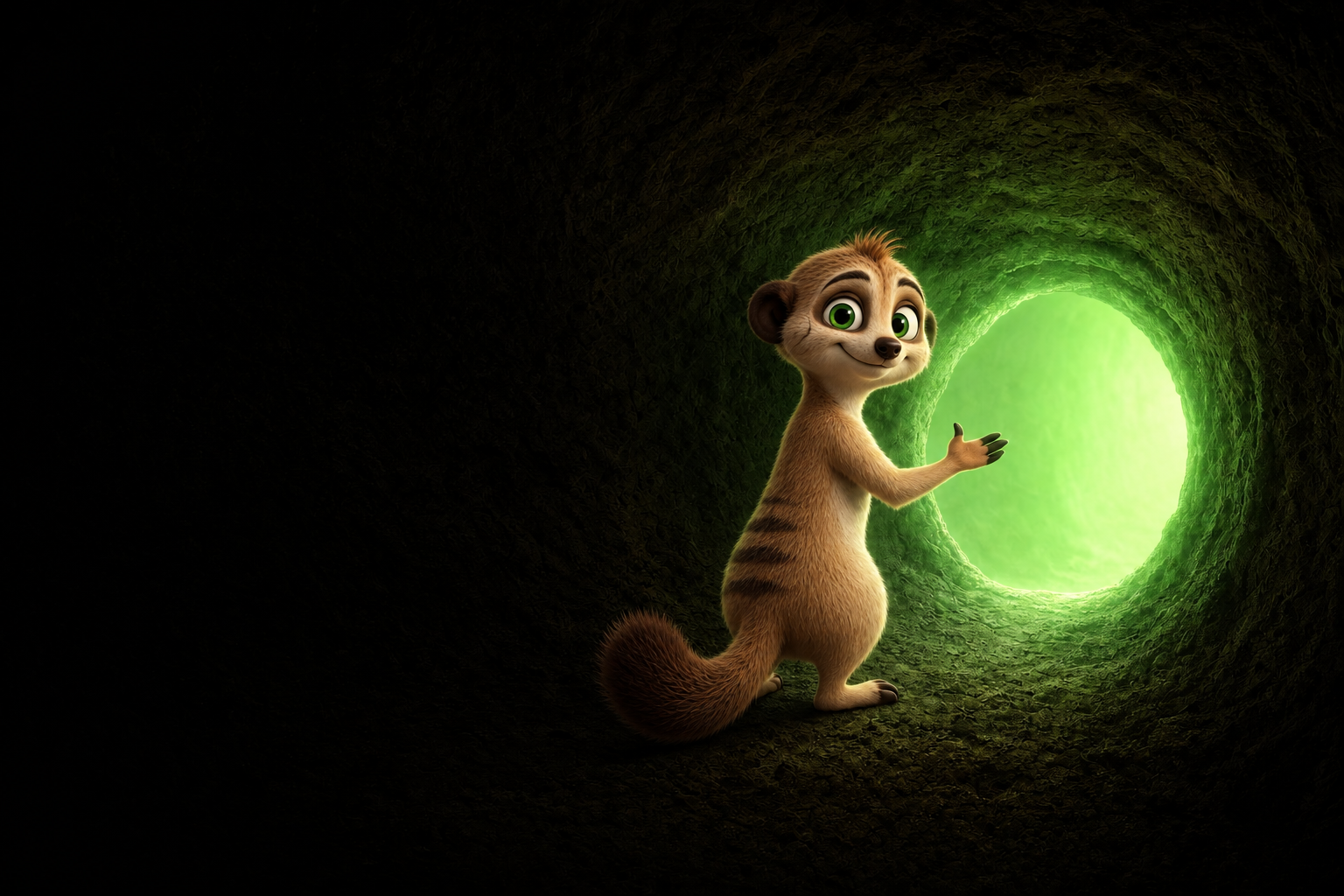 The tan, green-eyed NEARKAT mascot beside a tunnel mouth glowing green