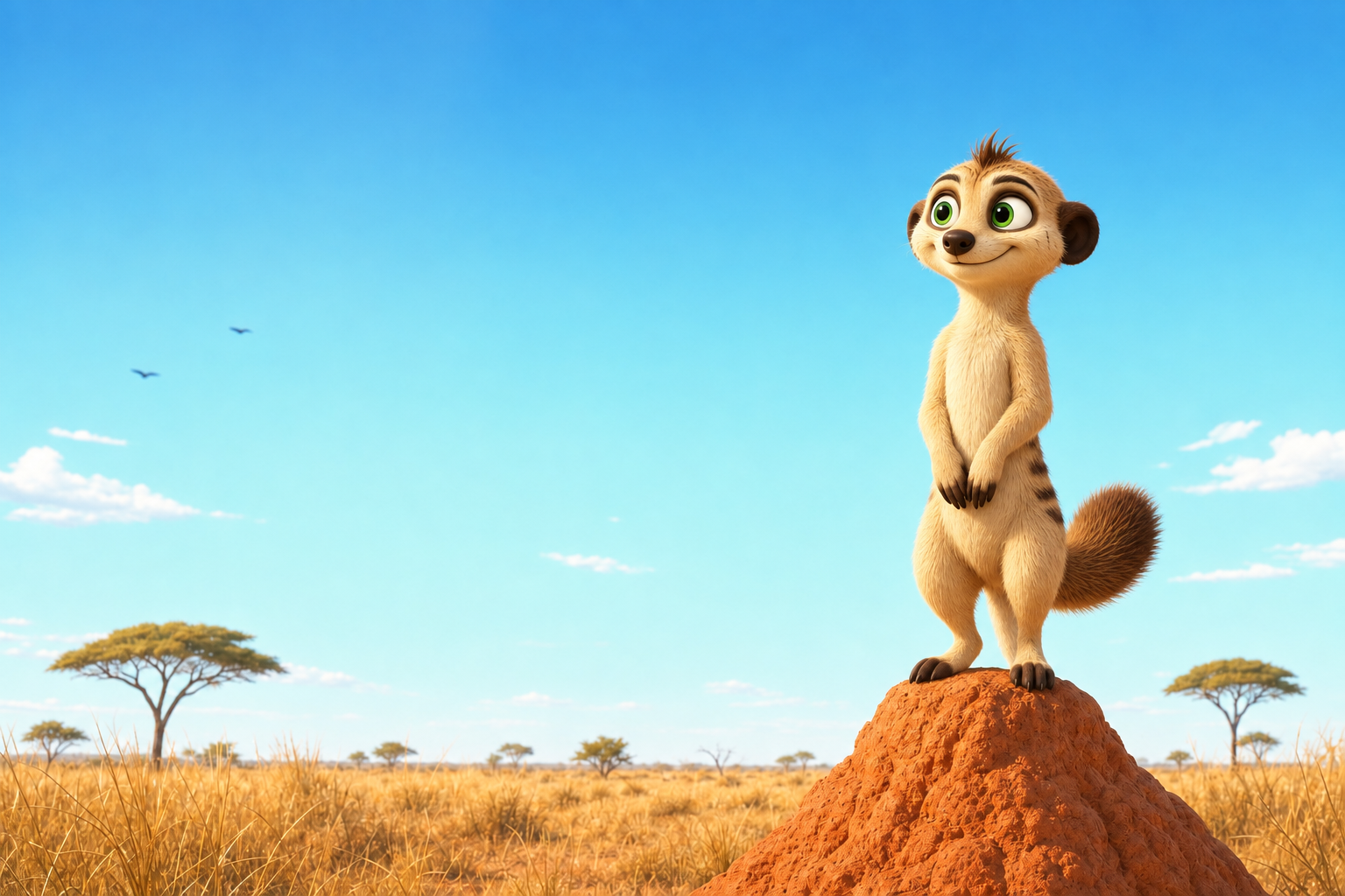 The tan, green-eyed NEARKAT sentry standing on a termite mound under a wide Kalahari sky