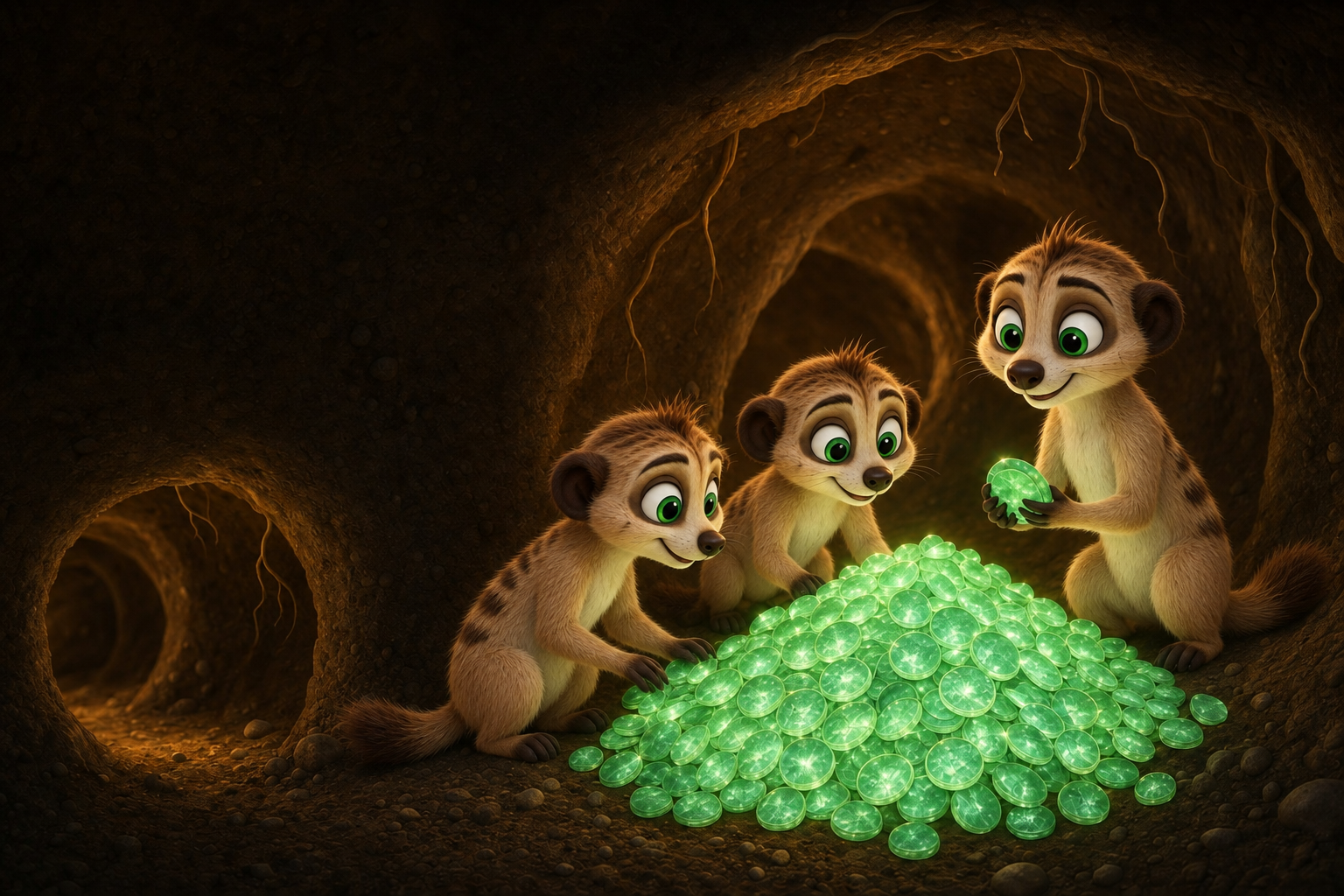 The tan NEARKAT mob gathered around glowing green rations in an earth chamber